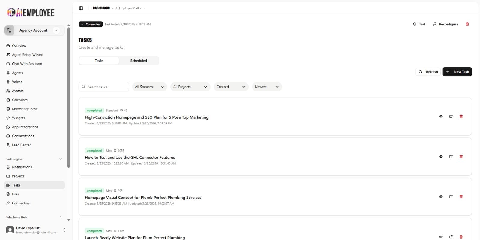 Task Engine dashboard showing completed tasks and scheduled automations